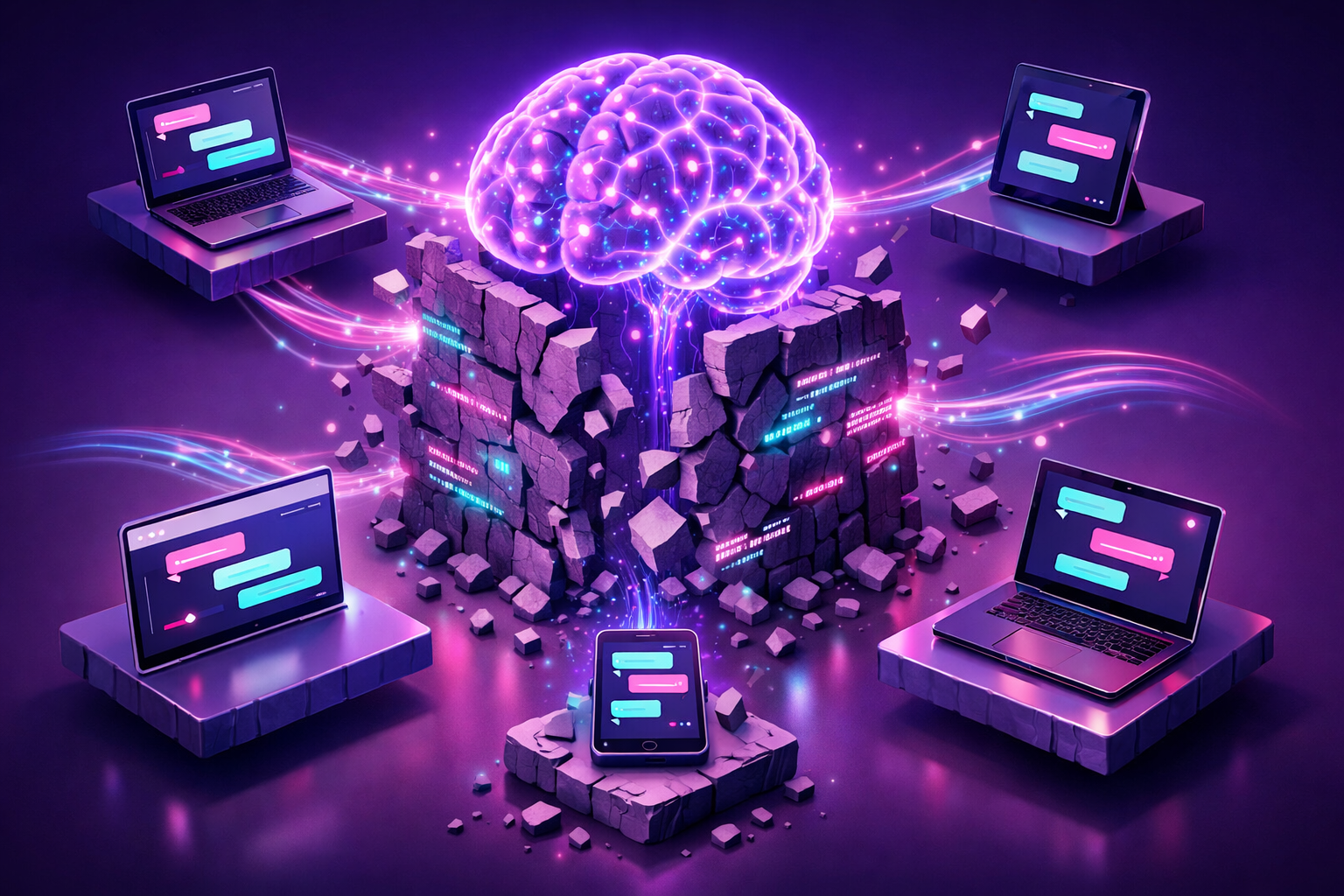 A glowing digital brain with neon connections linking four laptops and a tablet, symbolizing AI and network communication.