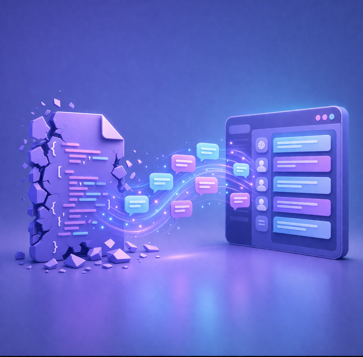 AI data flowing from a broken ChatGPT export file into a clean, organised conversation interface