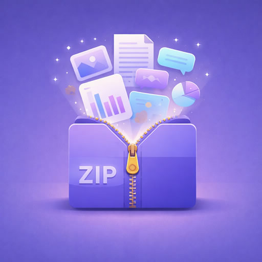 Illustration of a ZIP file opening to reveal chat history, images and data files, representing the contents of a ChatGPT export