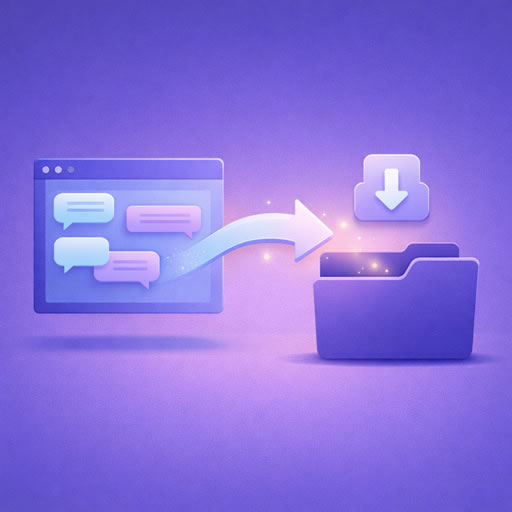 Illustration of chat conversations being exported from an AI platform into a download folder, representing the Claude data export process
