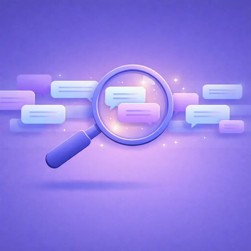 Illustration of a magnifying glass searching through AI chat conversation history, representing full-text search across ChatGPT and Claude exports
