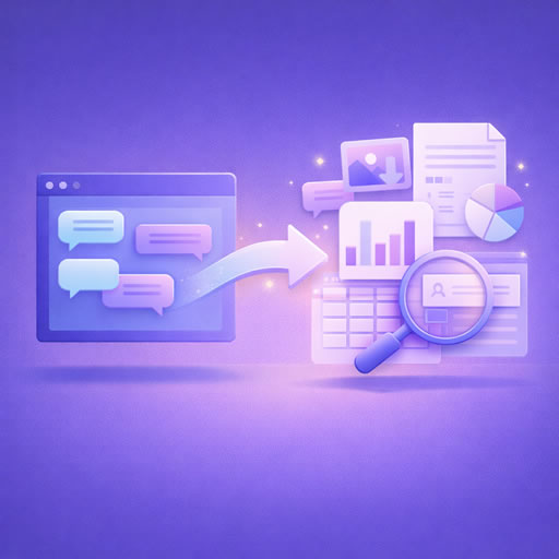 Illustration of ChatGPT conversation history being exported and transformed into organised, searchable data and insights