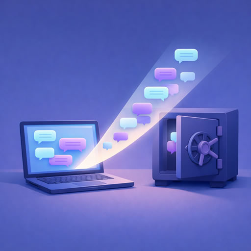 Illustration of chat conversations being transferred from a laptop into a secure vault, representing AI conversation backup